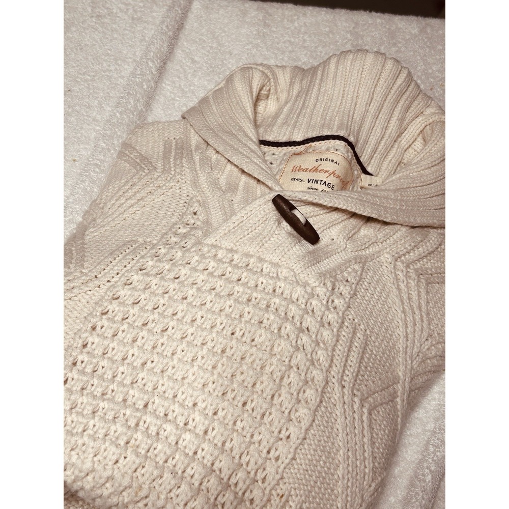 Weatherproof Vintage XL Cream Cable Knit Fisherman Sweater Cowl Neck Toggle EUC